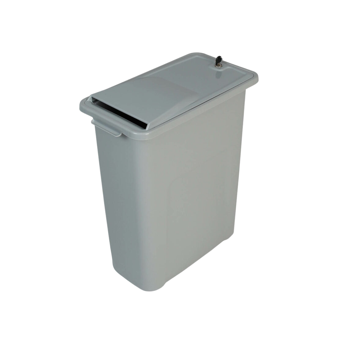 A gray trash can with a black lid on a white background.
