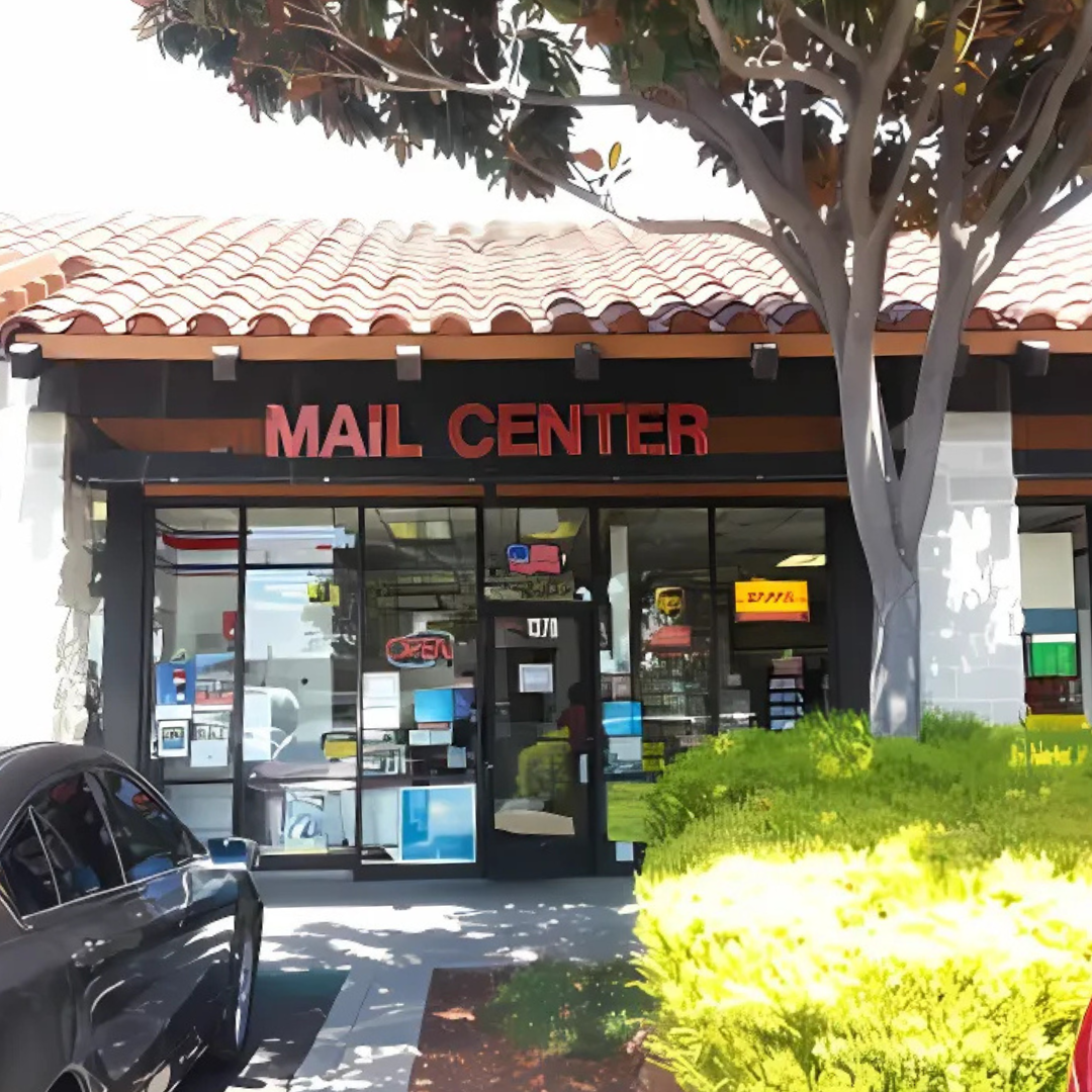 A mail center with a car parked in front of it