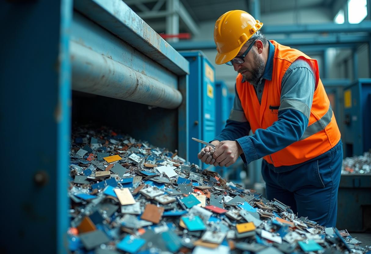 A man in an orange vest and hard hat is working in a factory.
