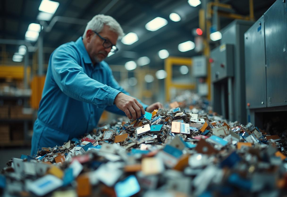 A man in a blue shirt is working in a factory.