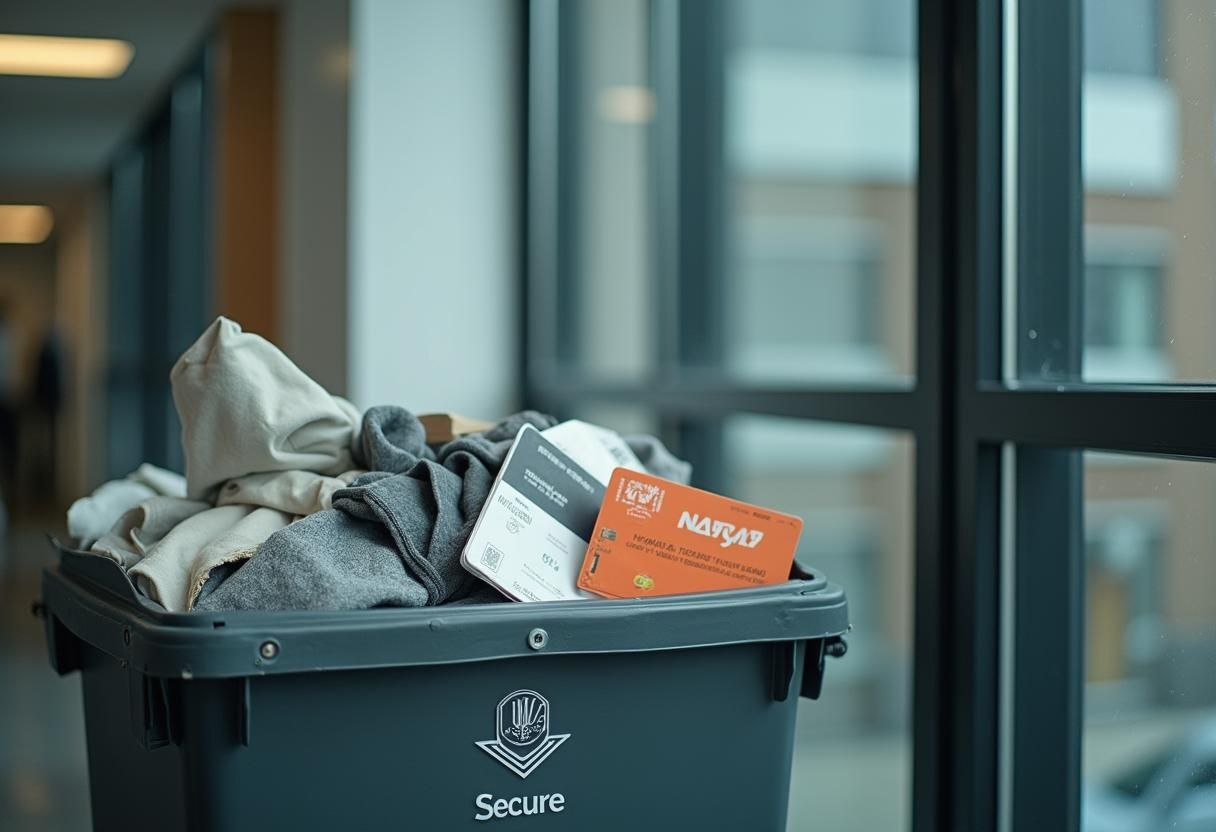A trash can filled with clothes and a card.