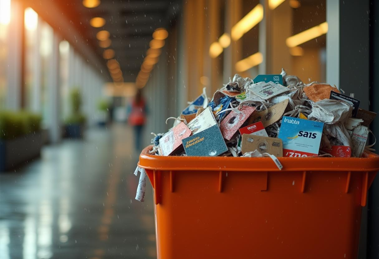 A trash can filled with a lot of trash in a hallway.
