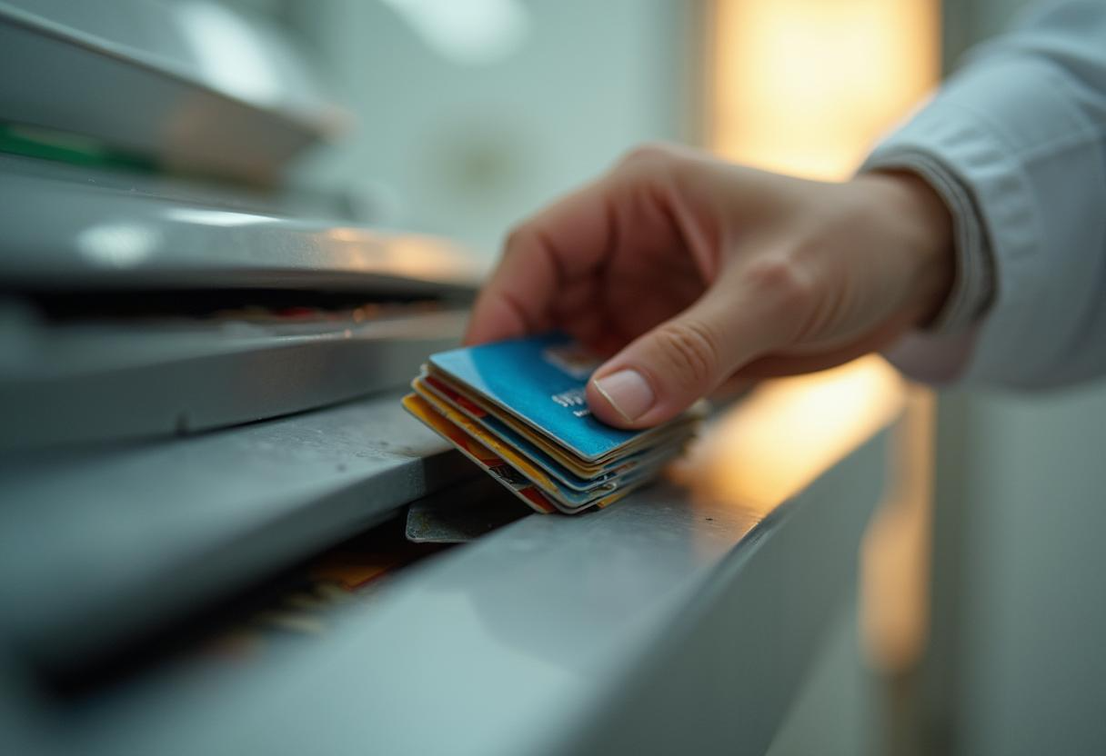 A person is holding a stack of credit cards in their hand.