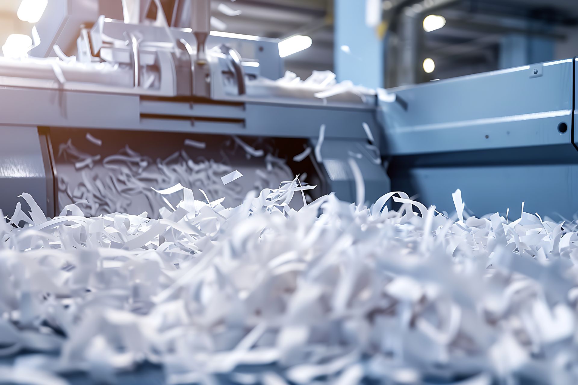 Shredded paper is being processed in a machine in a factory.