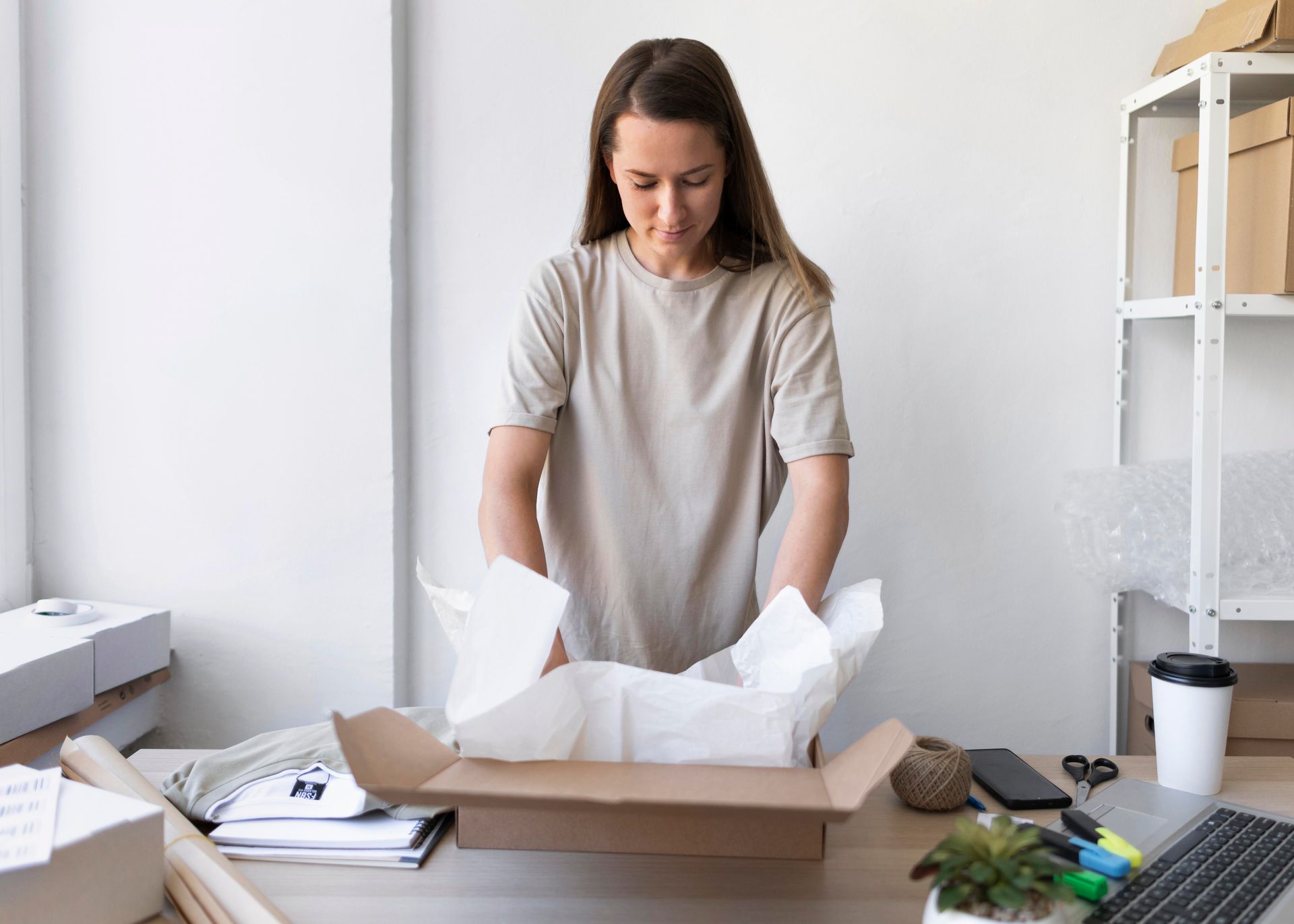 Woman packing a box with tissue paper at a desk, with boxes and supplies nearby.