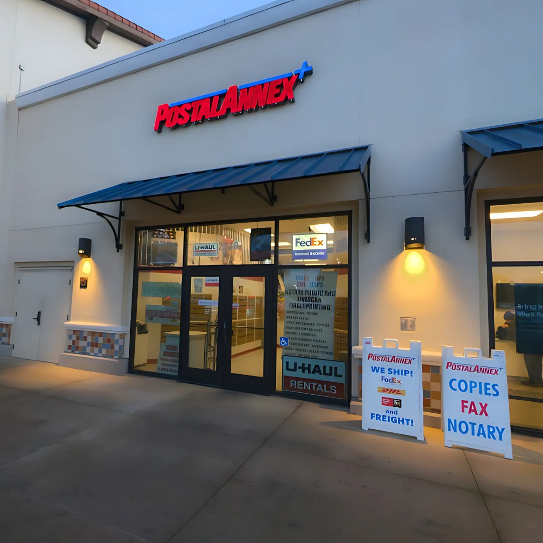 The front of a postal annex store with copies fax and notary services