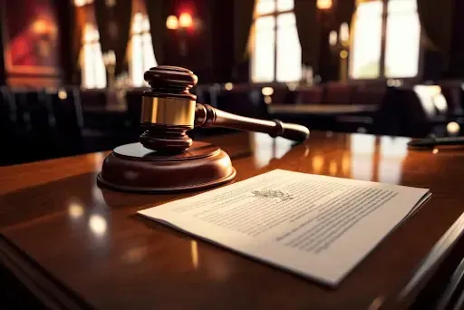 A judge's gavel beside a legal document on a courtroom desk, symbolizing legal proceedings for court shredding in Santa Rosa.