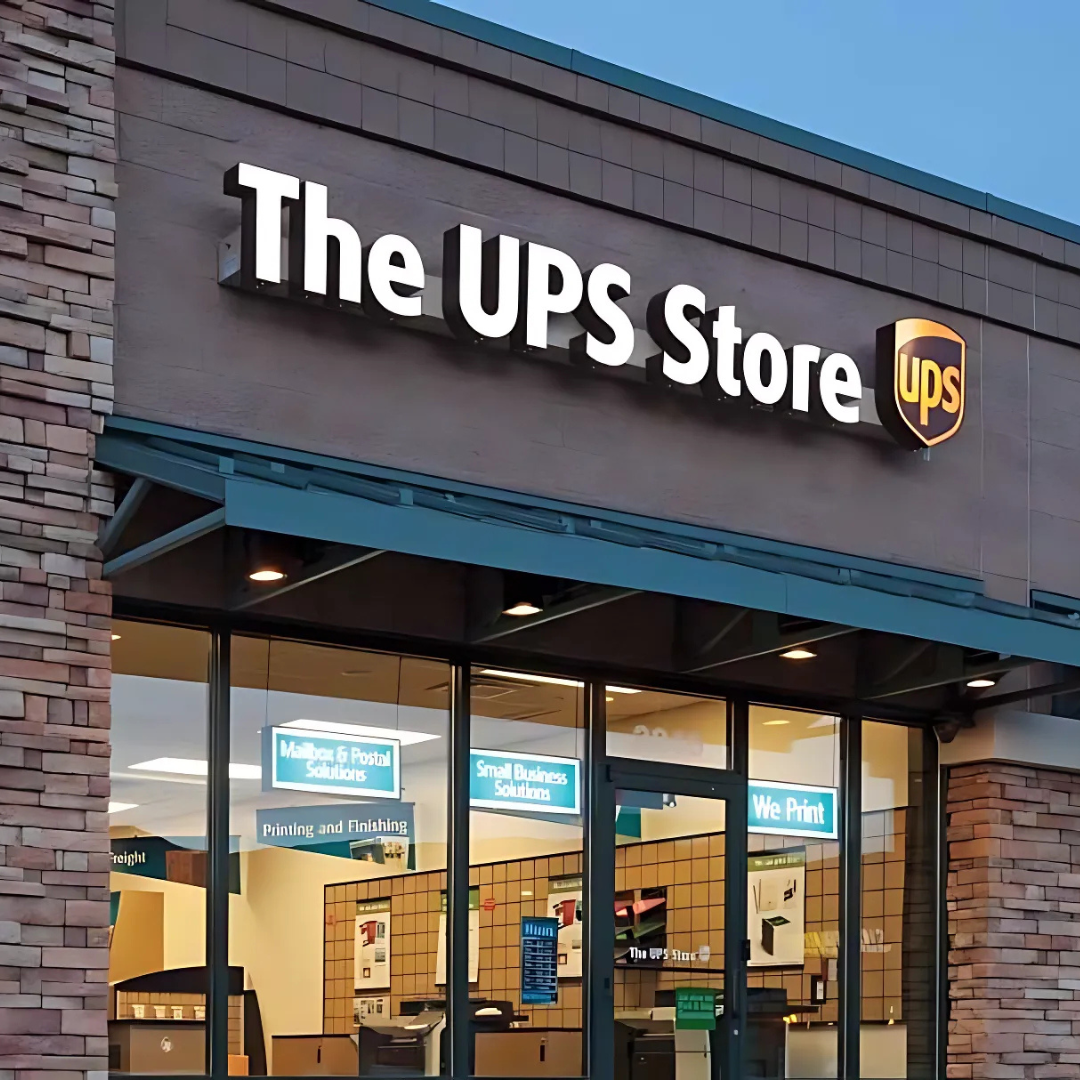 The ups store is located in a brick building