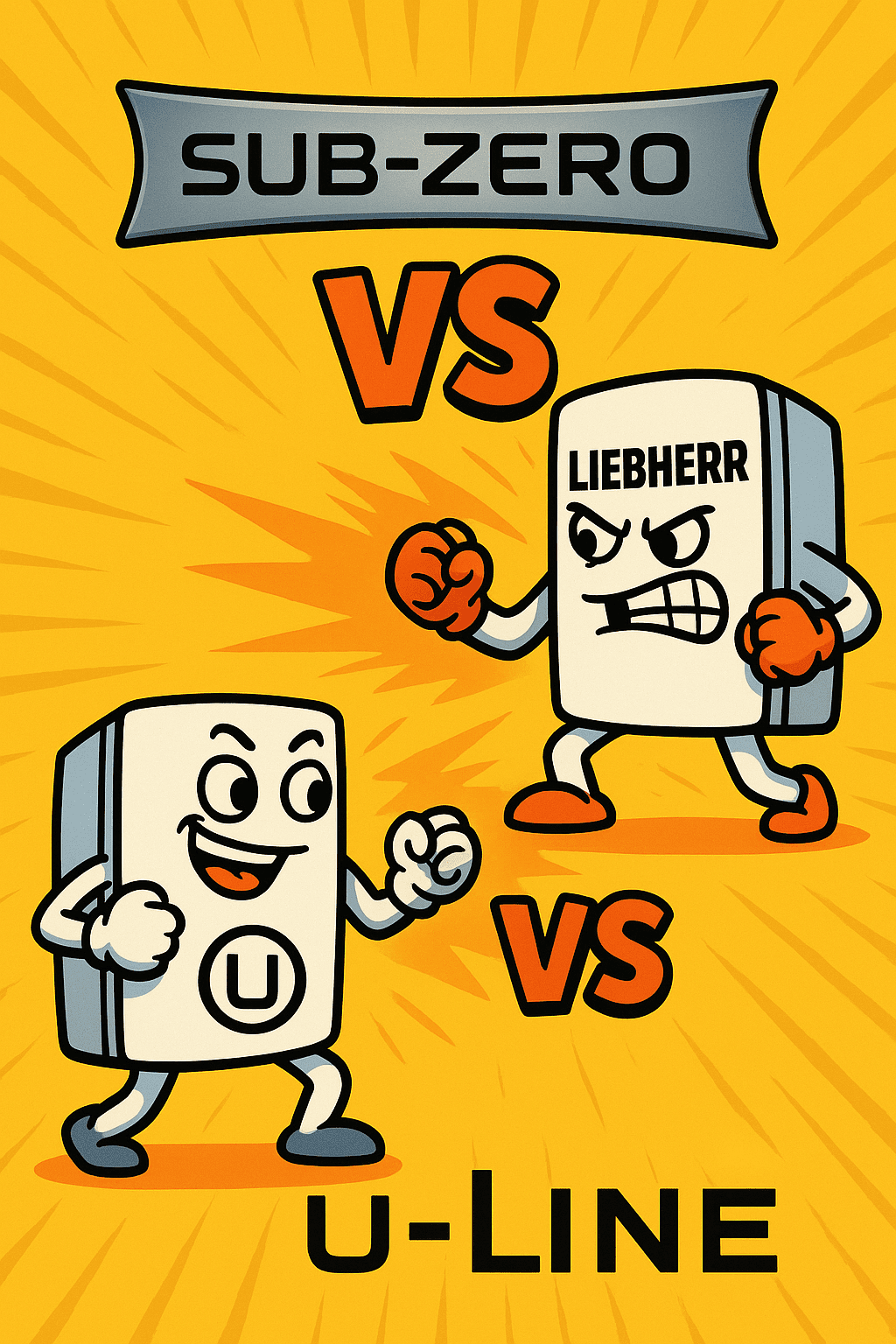 Cartoon comparison of Sub-Zero, Liebherr, and U-Line with animated faces and boxing gloves.