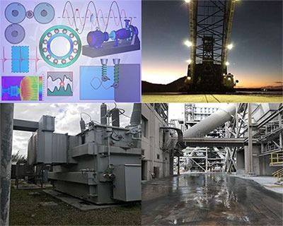 Industrial machinery collage with engineering diagrams and a factory scene at dusk