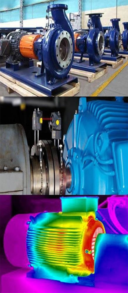 Industrial pump shown in photo, close-up cutaway, and thermal heat map highlighting operating temperature.