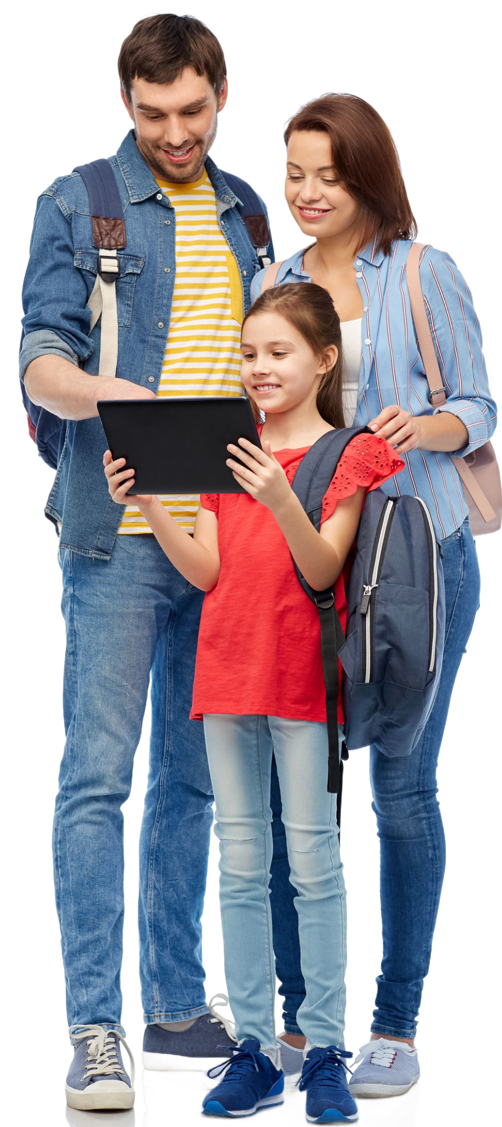 Family looking at tablet, outdoors. The girl is holding the tablet, father and mother are looking at it and smiling.