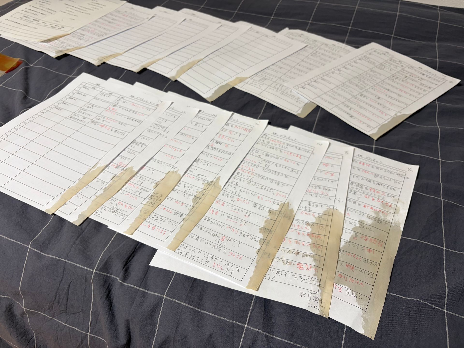 coffee stained home work papers
