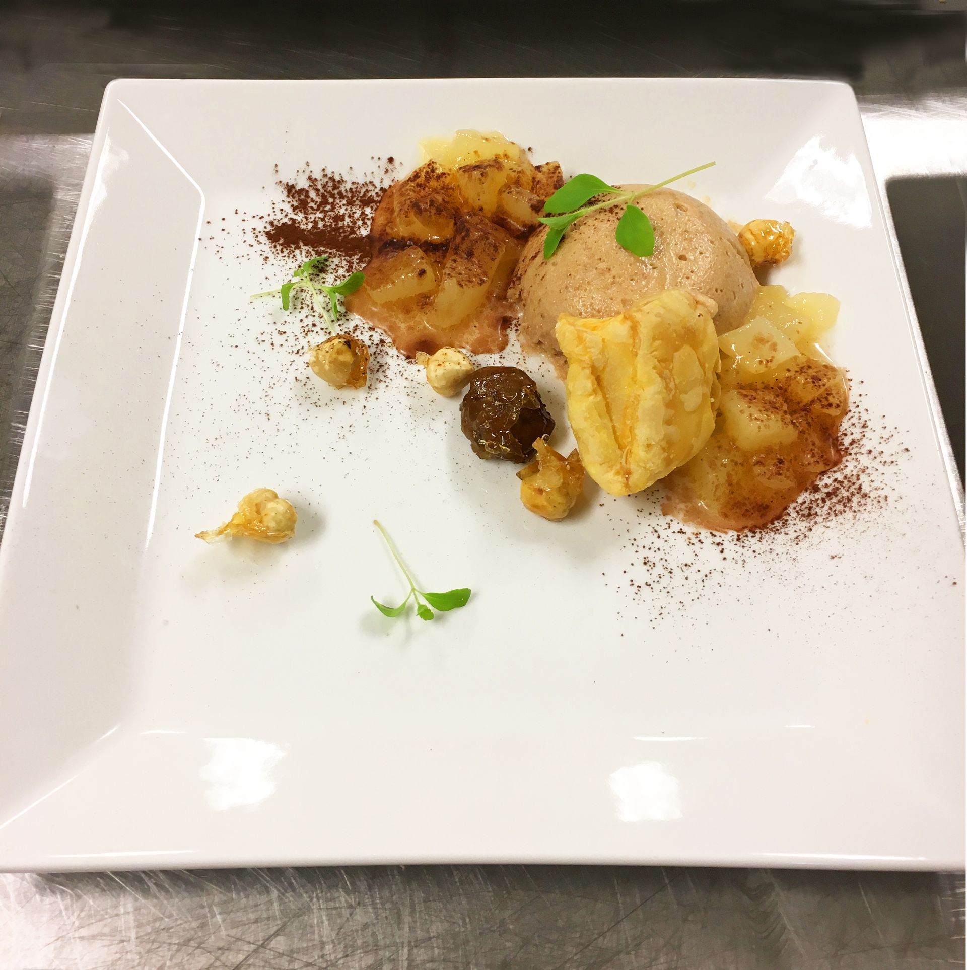 bavarois sweetened chestnut puree, and pear compote