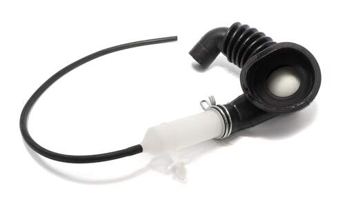 Tubo audio nero in stile auricolare con connettore bianco e tubo flessibile su sfondo bianco.
