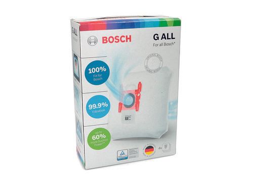 Scatola dell'aspirapolvere Bosch G ALL con imballaggio bianco e verde acqua e fascia superiore colorata.