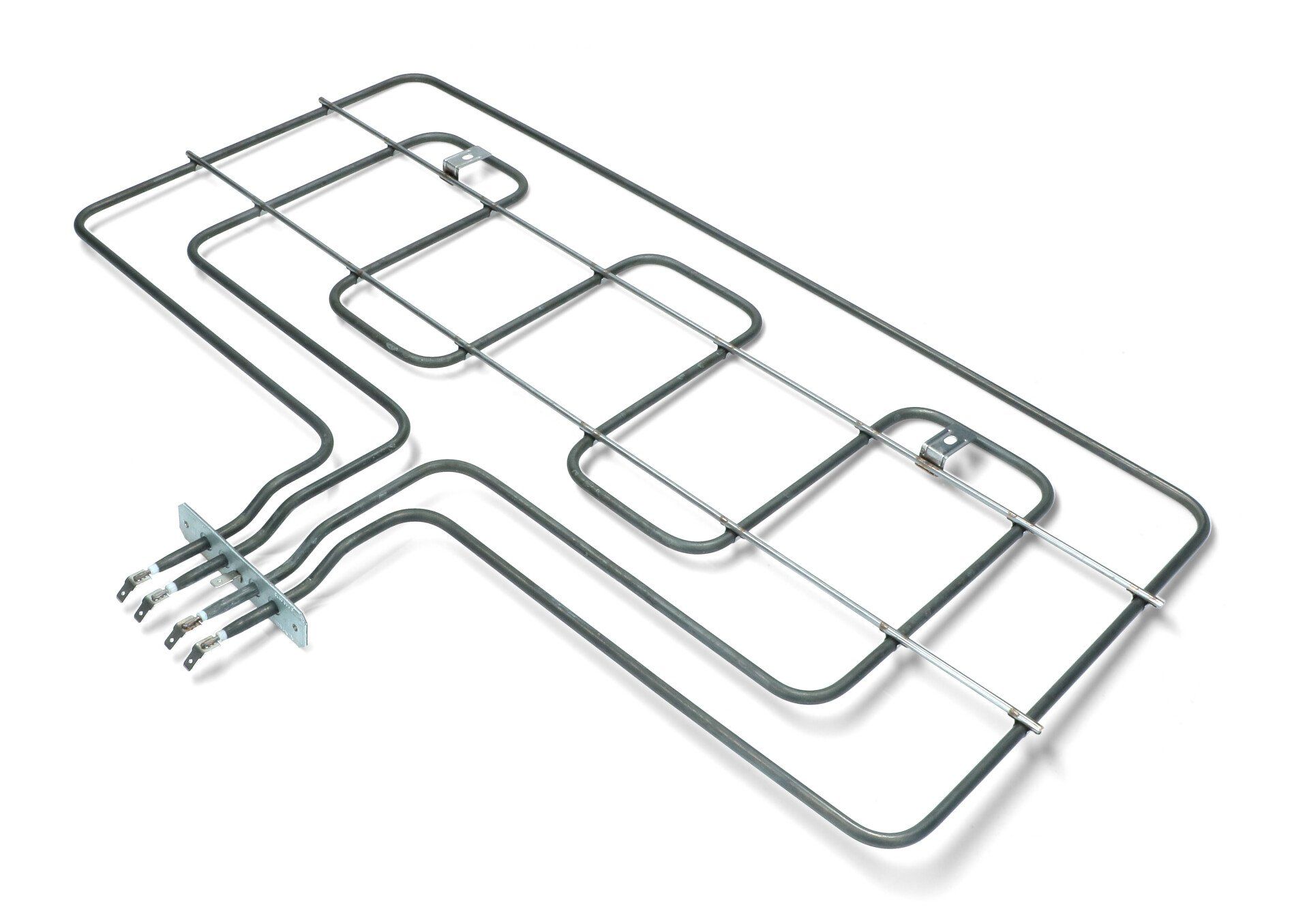 Struttura di scaffalatura o ripiano in filo metallico con binari di supporto curvi su sfondo bianco.