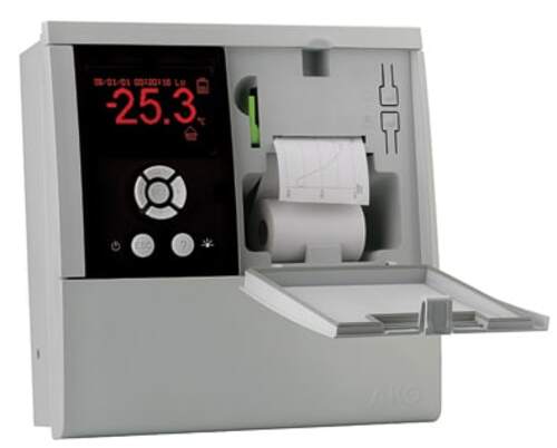 Dispositivo grigio da parete con display digitale che mostra -25,3, slot per stampante aperto e vassoio carta sulla destra.