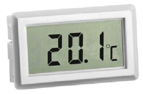 Termometro digitale con display grigio che mostra 20,1 °C