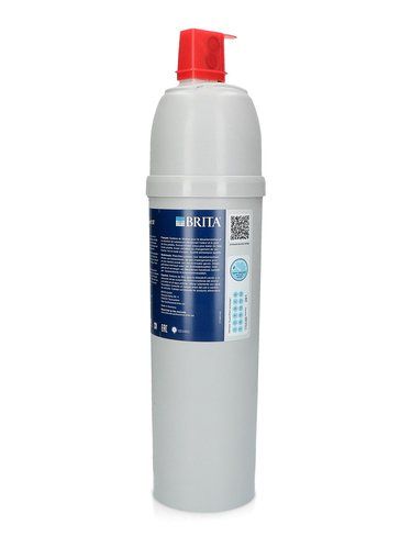 Cartuccia filtrante per l'acqua Brita bianca con tappo rosso su sfondo neutro