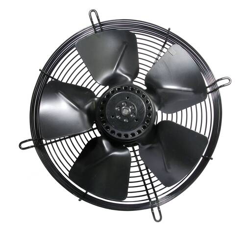 Ventaglio metallico nero a quattro pale su sfondo bianco.