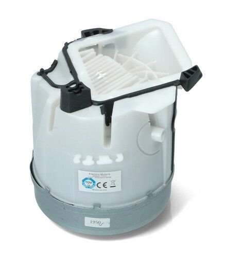 Pompa dell'acqua industriale bianca e grigia con maniglia nera e cestello filtro interno bianco.