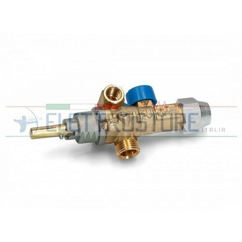 Gruppo valvola in ottone con tappi blu e rossi su sfondo bianco