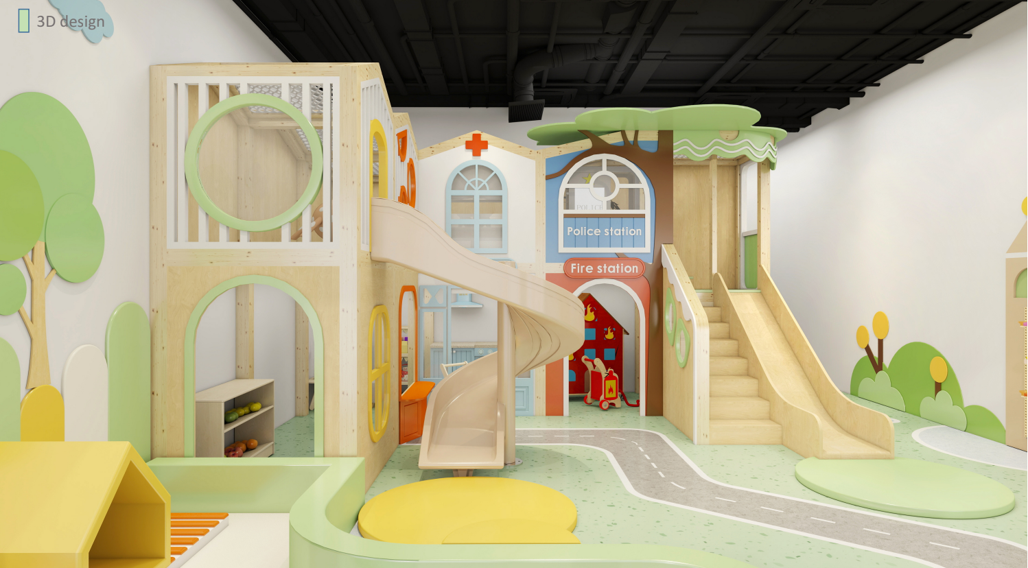 Colorful indoor children's play area with slides, climbing arches, and soft play structures