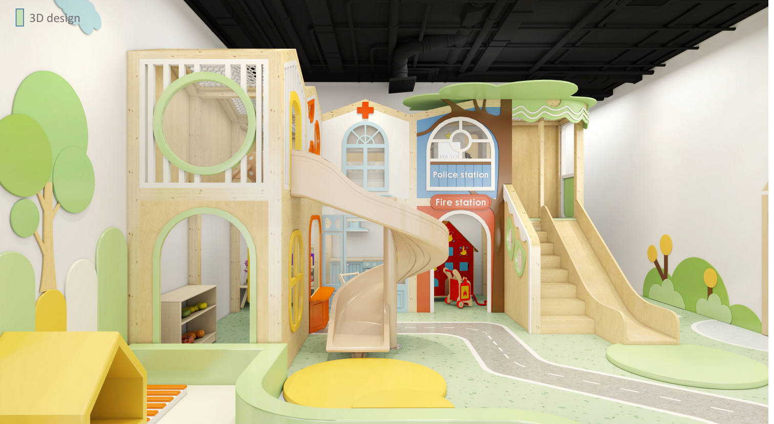 Indoor children’s play area with pastel climbing structures, slides, and a small house facade