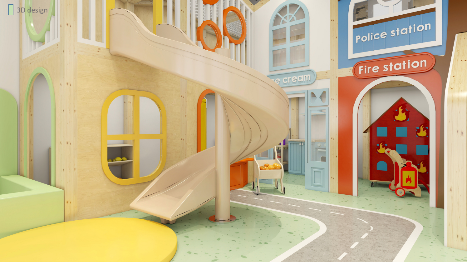 Bright indoor play area with a yellow spiral slide, pastel walls, and labeled police and fire station playhouses