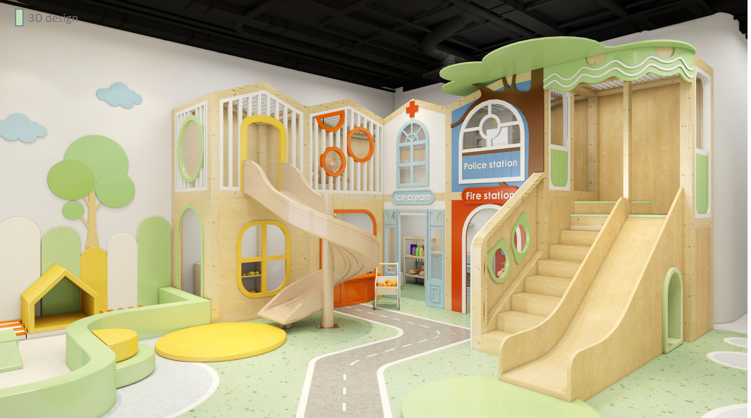 Indoor children's play area with slides, climbing stairs, colorful cushions, and a faux storefront façade