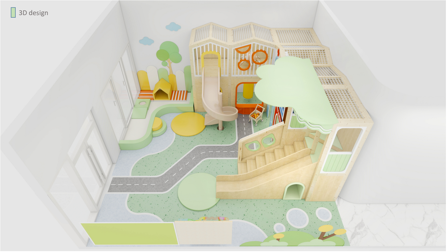 Pastel indoor playground with slides, climbing platforms, and soft play shapes in a bright white room
