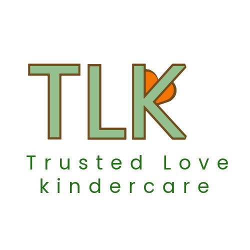 Trusted Love Kindercare logo with green and gold TLK letters and an orange heart