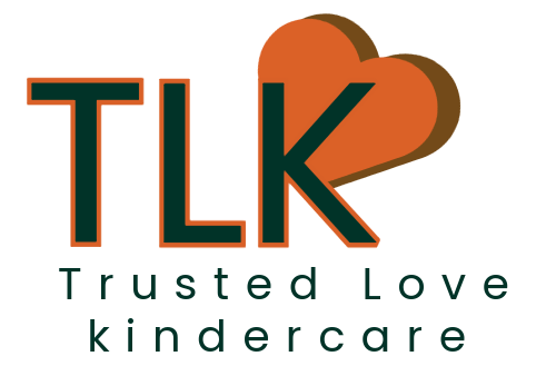 Trusted Love Kindercare logo with orange heart behind black and teal TLK letters