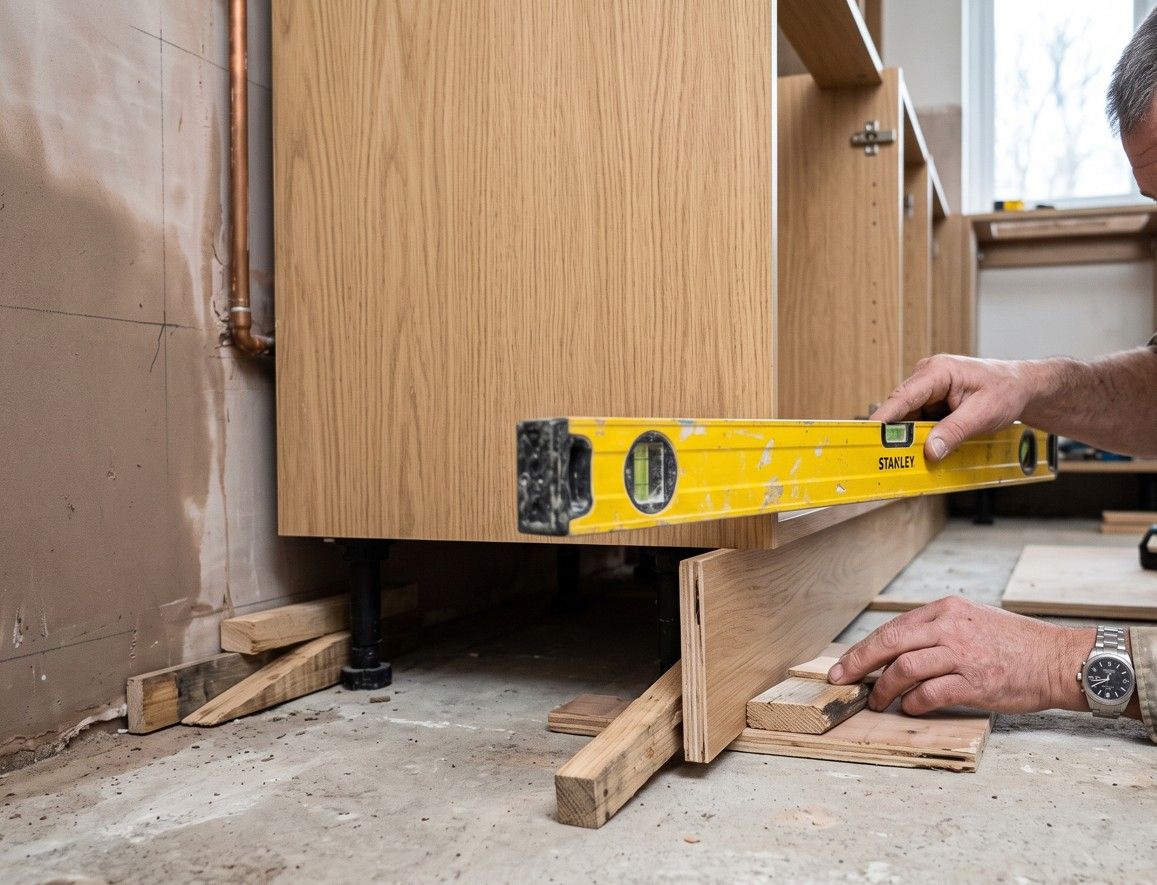 Derbyshire Joinery Specialists fitting kitchen base cabinet units during a kitchen installation in Swadlincote