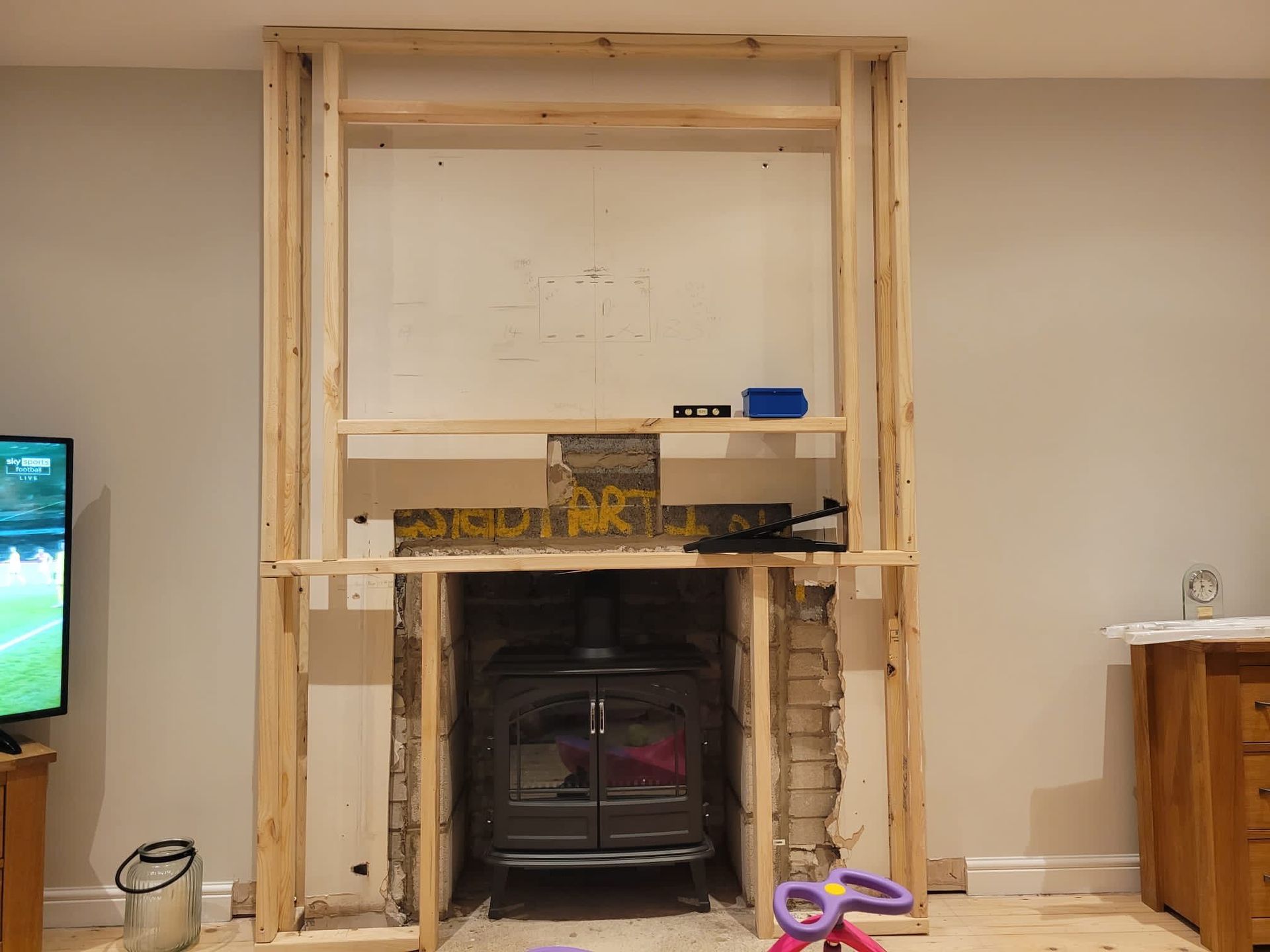 Derbyshire Joinery Specialists studwork for the frame of the media wall in place