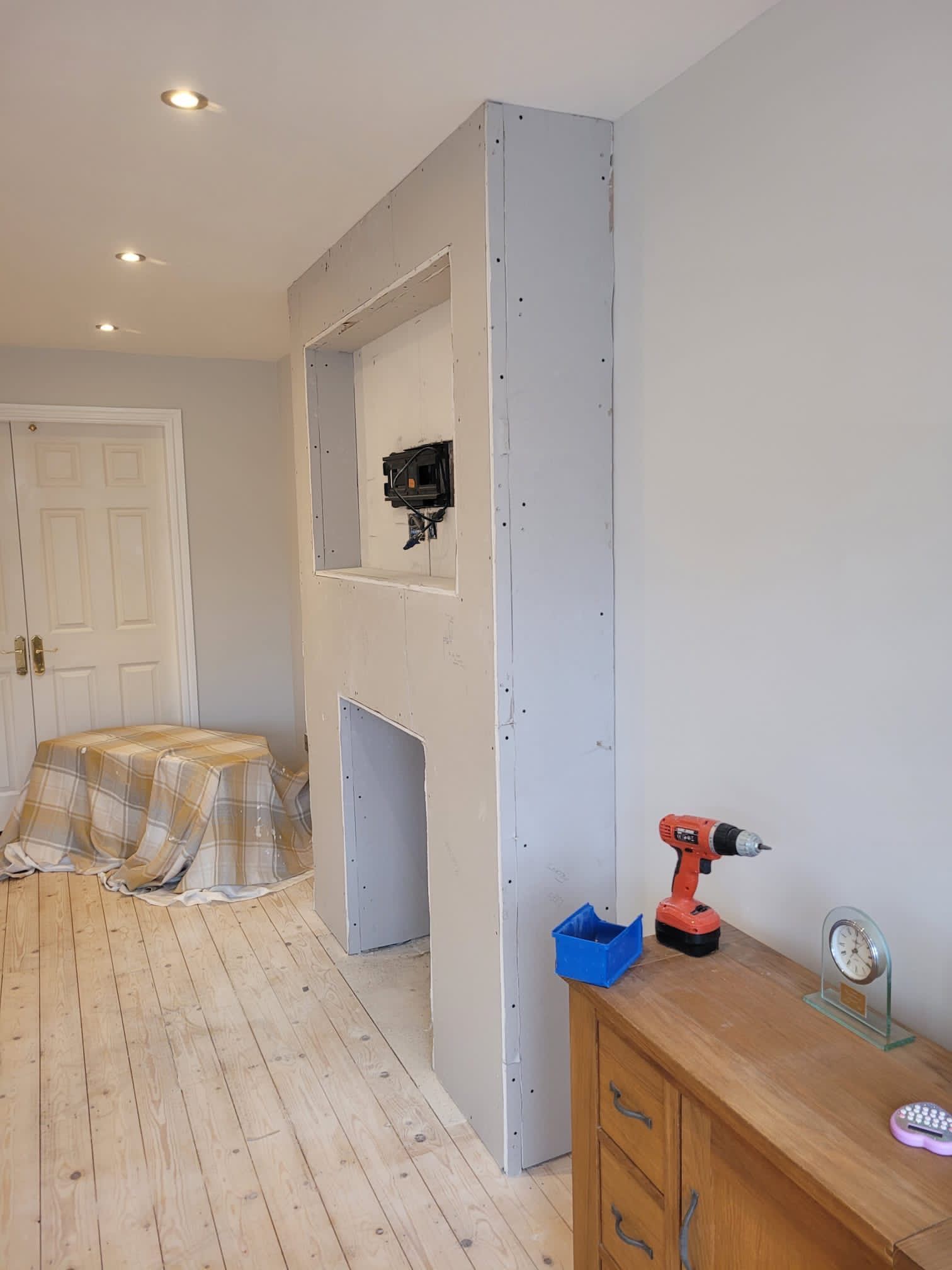 Derbyshire Joinery Specialists plasterboard fitted to the stud work for the media wall