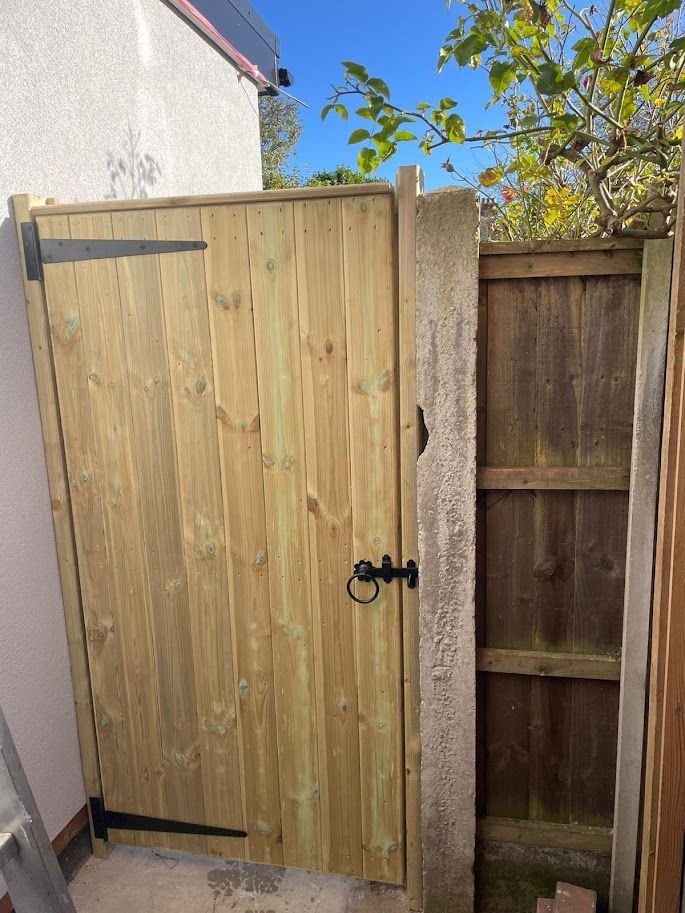 Tongue and groove wooden side gate with black strap hinges and a ring latch