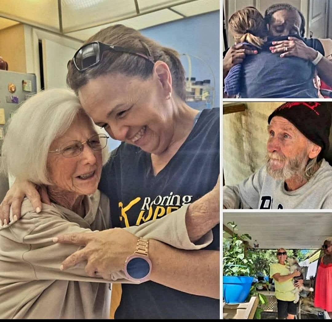 Collage of warm hugs and smiles, with people embracing indoors and outdoors.