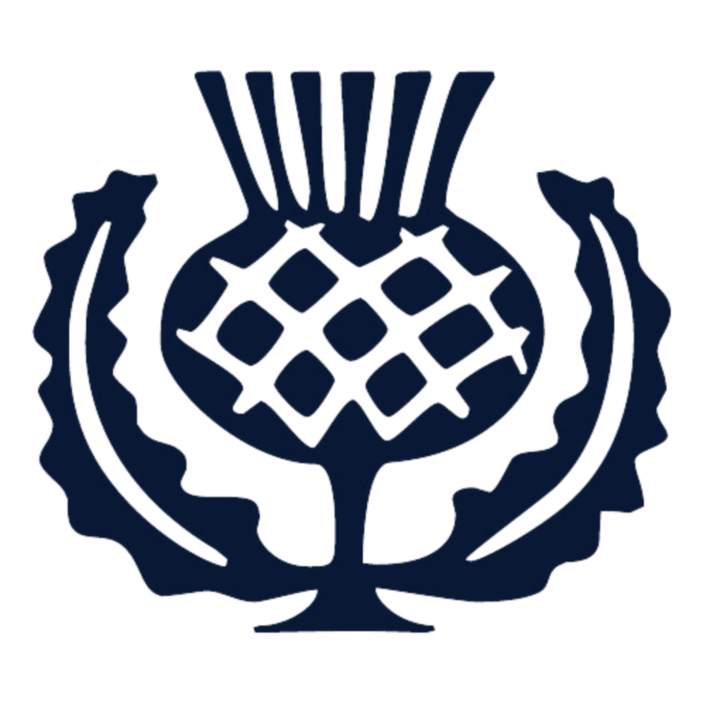 Dark blue thistle symbol with leaves and stem.