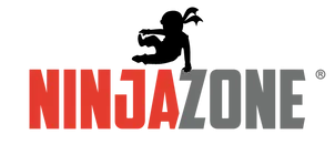 Logo for NinjaZone featuring a black silhouette of a person jumping above the red and gray text