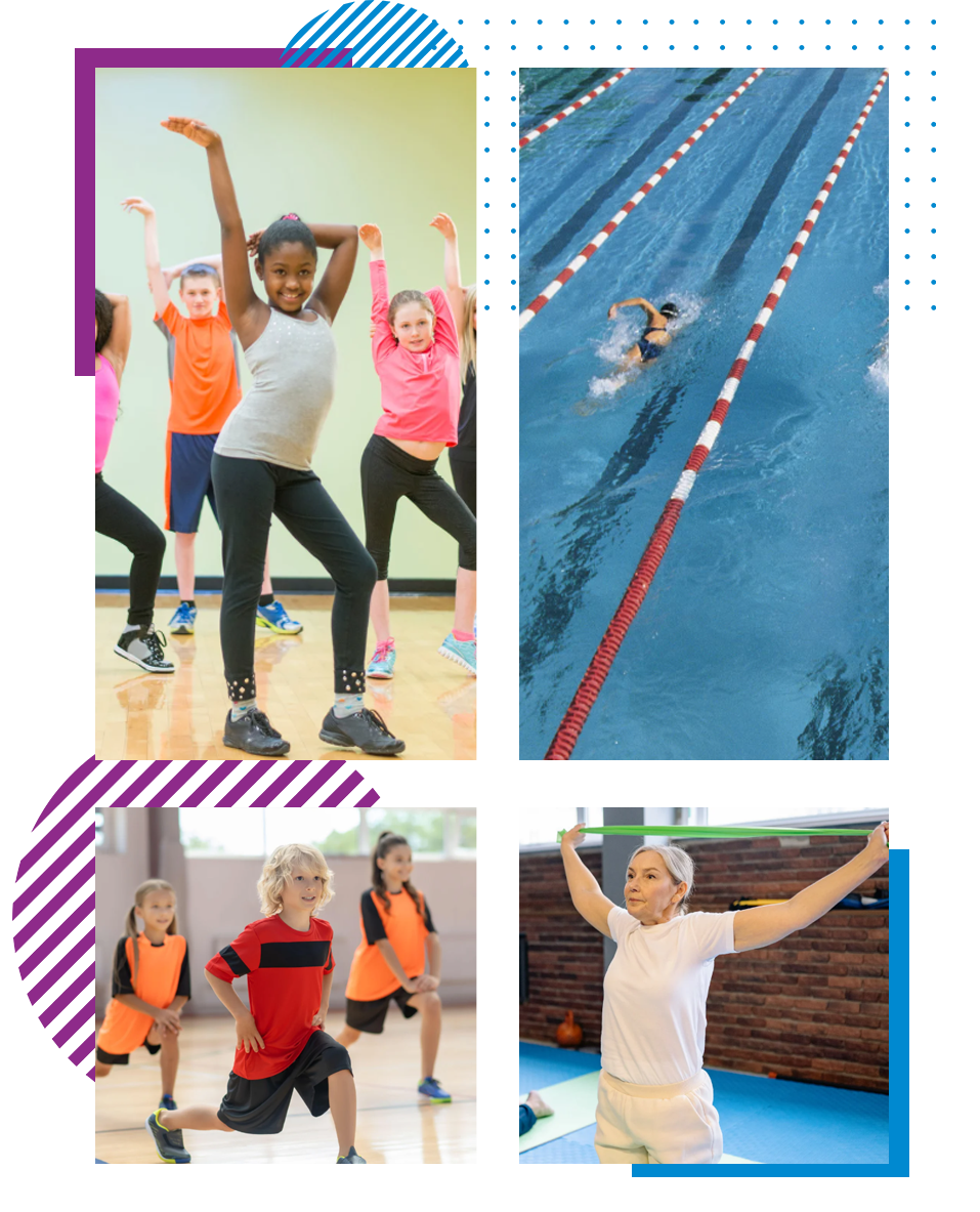 Collage of people exercising and swimming, with dance poses, a track, and pool water splash