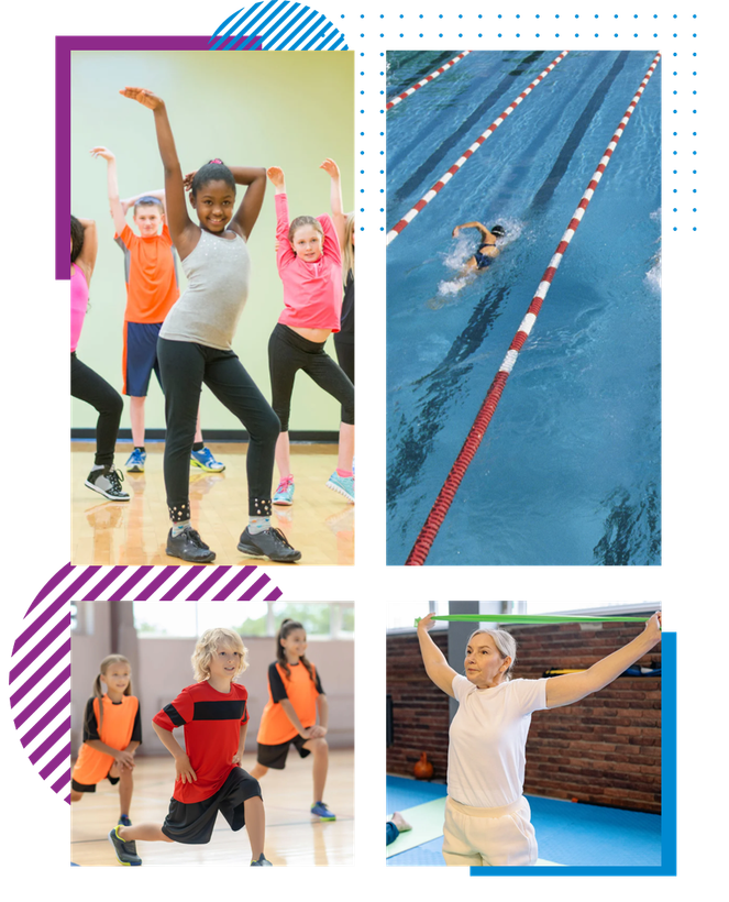 Collage of people exercising and swimming, with dance poses, a track, and pool water splash