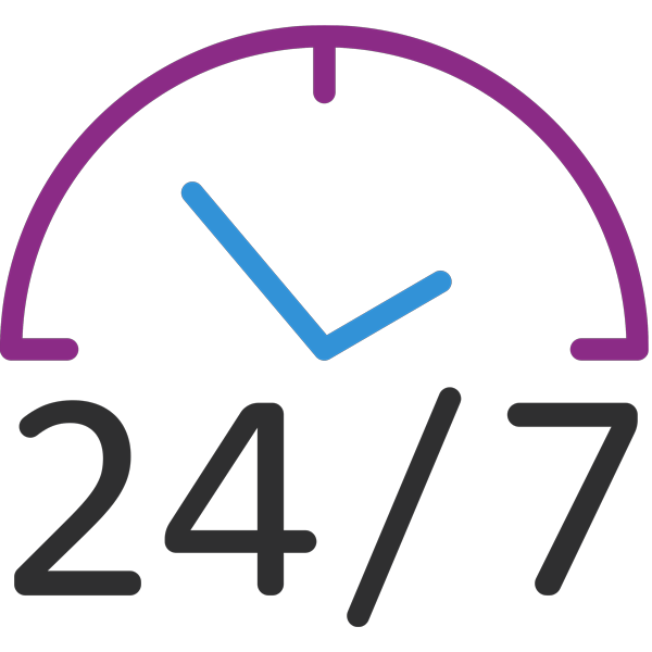 Purple clock icon with blue hands above “24/7” text, indicating round-the-clock availability