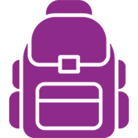 A solid purple icon of a school backpack with side pockets and a front zippered compartment.