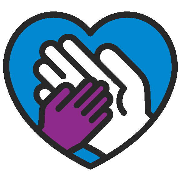Two hands clasping in front of a blue heart, one purple and one white, outlined in black