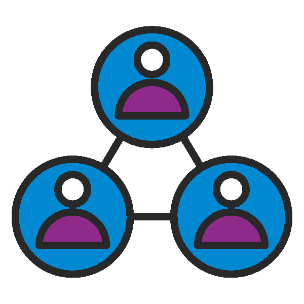 Three connected user icons in blue circles, forming a triangular network symbol