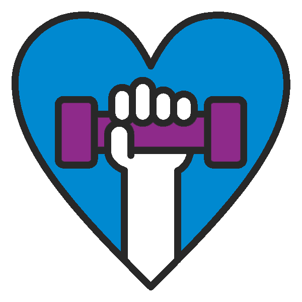 Blue heart icon with a white hand lifting a purple dumbbell