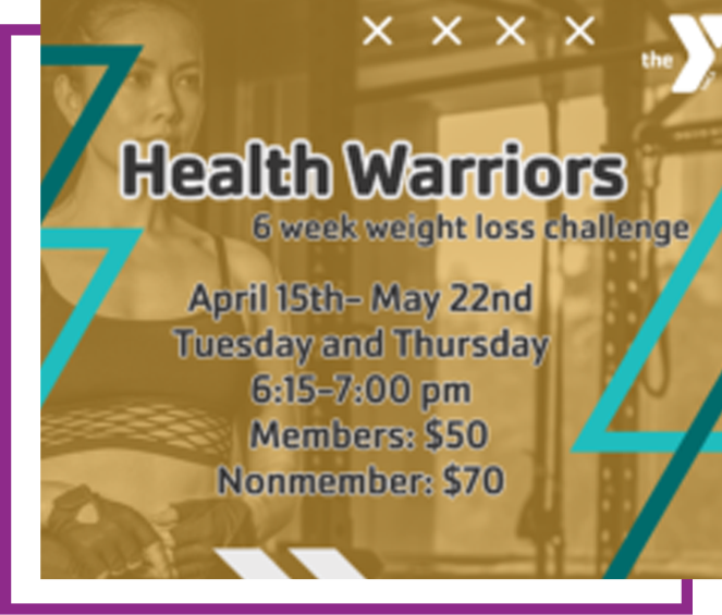 Health Warriors 6-week weight loss challenge flyer with dates, time, and member fees on gold background