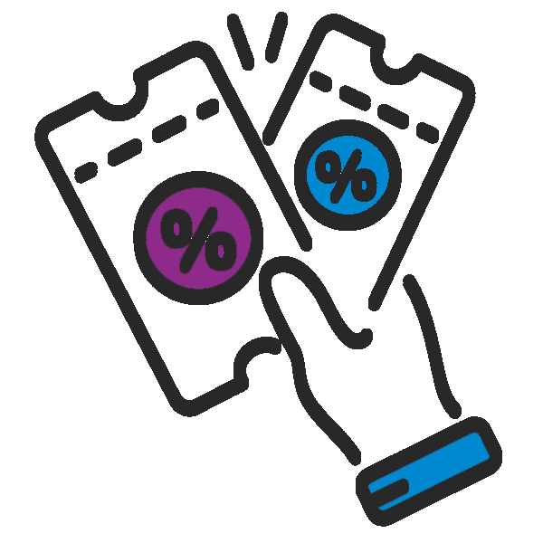 Hand holding two discount tickets with percent symbols, one purple and one blue.